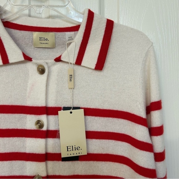 ELIE TAHARI Cashmere Stripe Crop Cardigan in Frost White/True Red Size M - Picture 4 of 7